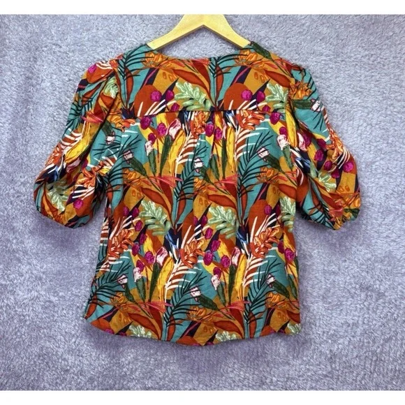 NWT Panama Jack Womens Top Linen Blend Puff Slv Tropical Boxy V Neck Boho Sz M - Picture 3 of 11